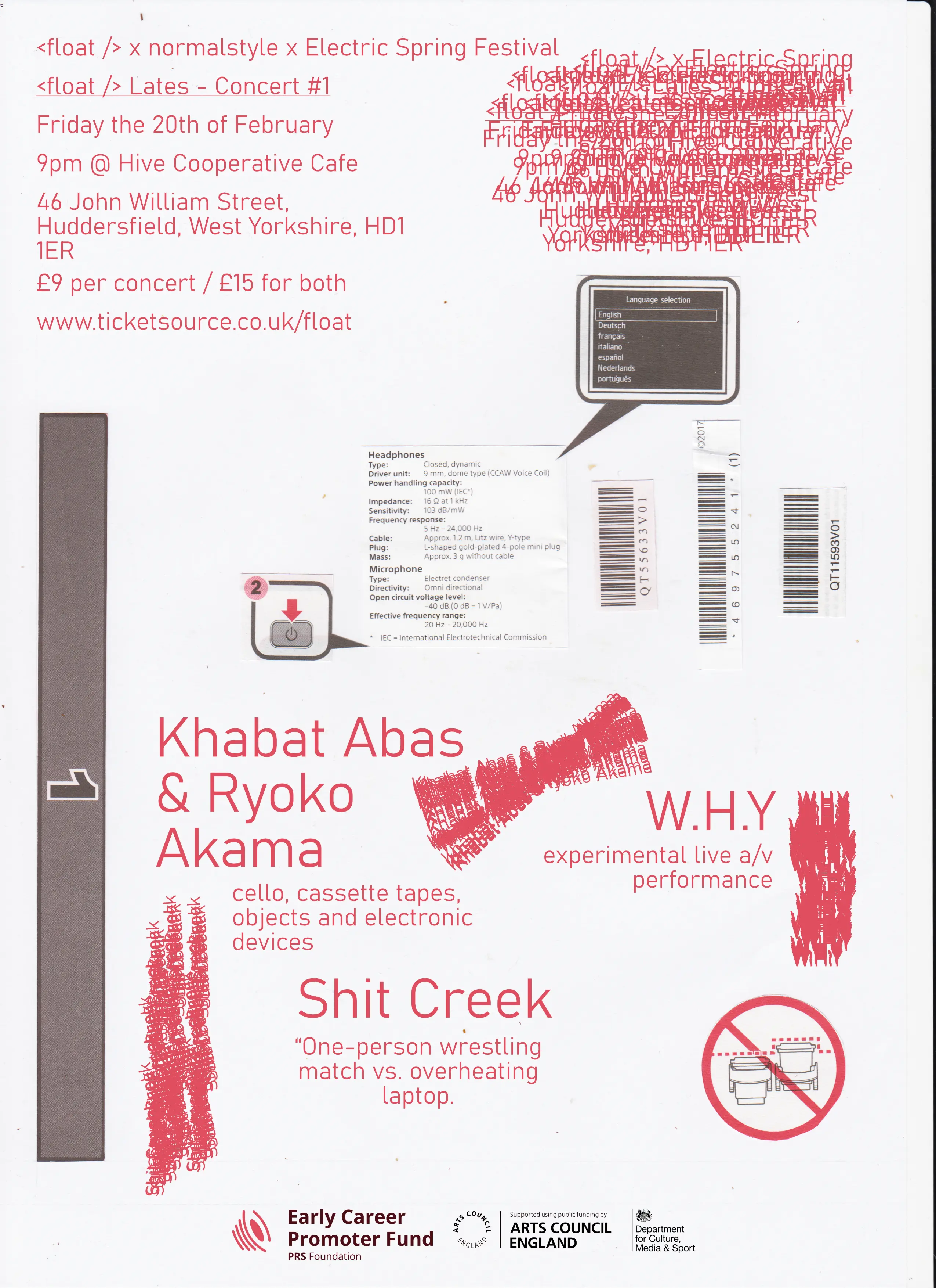 Gig poster containing the event details listed below, a scanned collage made from parts of an electronics manual, with decorative elements made with overlapping glitchy text.