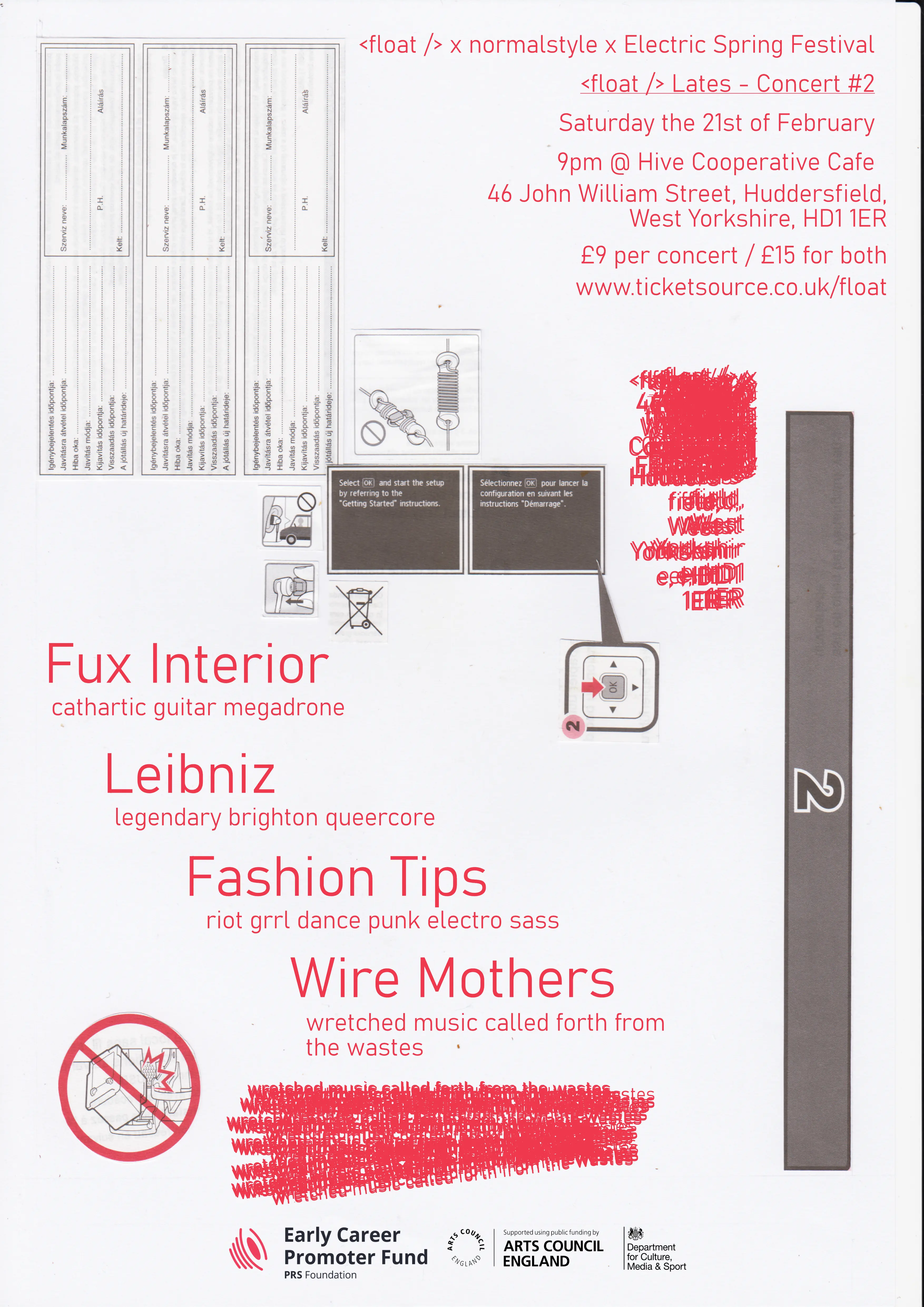 Gig poster containing the event details listed below, a scanned collage made from parts of an electronics manual, with decorative elements made with overlapping glitchy text.