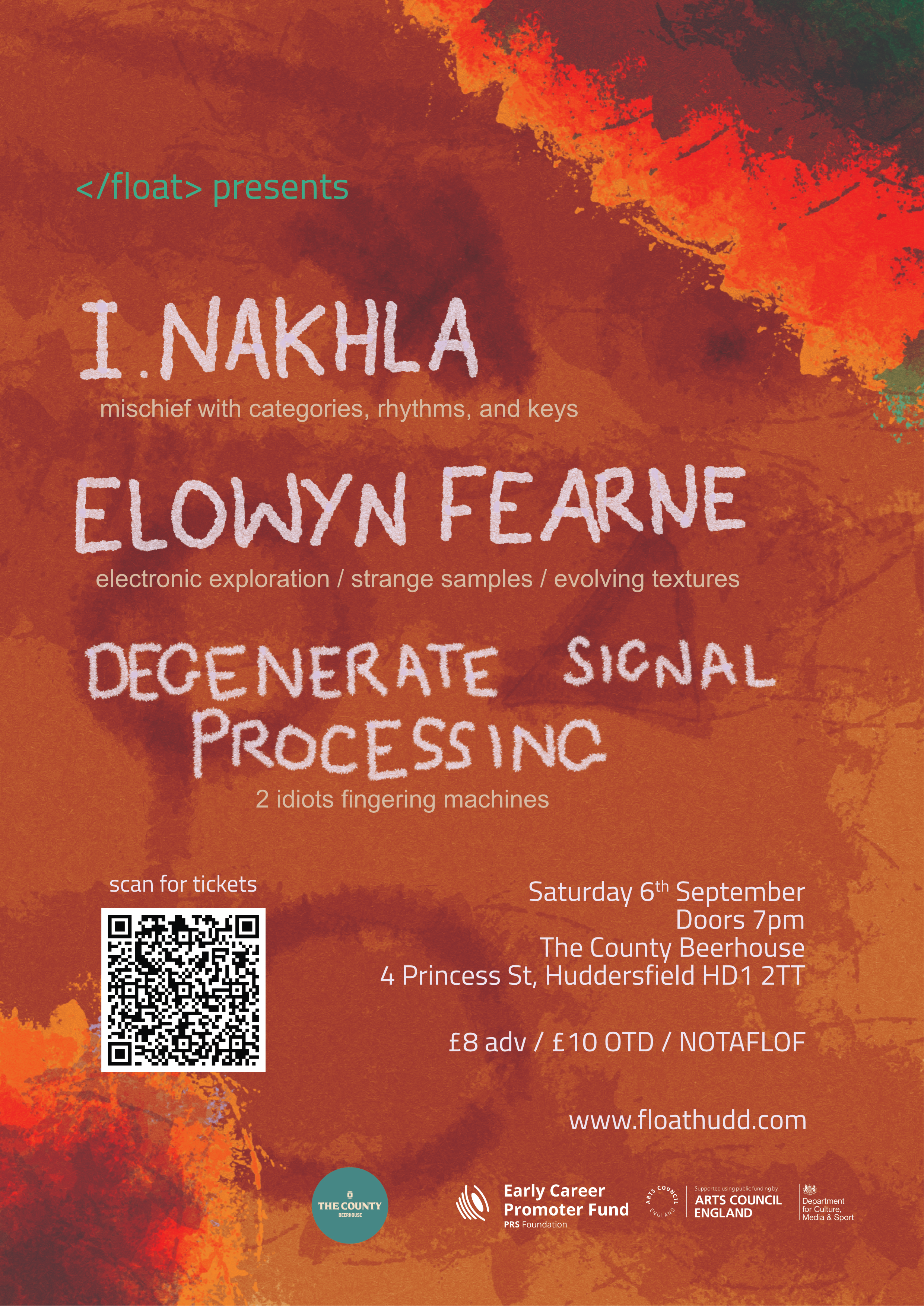 Gig poster containing the event details listed below, the background is an abstract painted texture made up of reds, yellows and blacks, the text of the poster is also done in this hand painted brush stroke style in white.