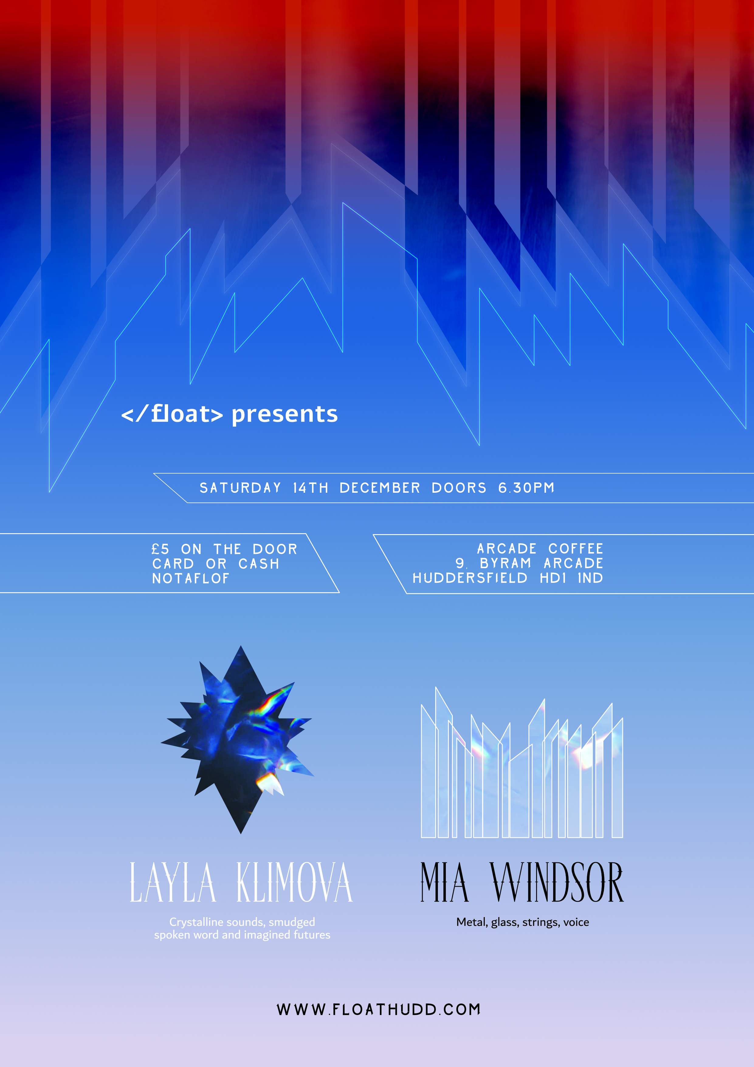 Gig poster containing the event details listed below, blue, white and red with a crystalline sci fi & art deco aesthetic.