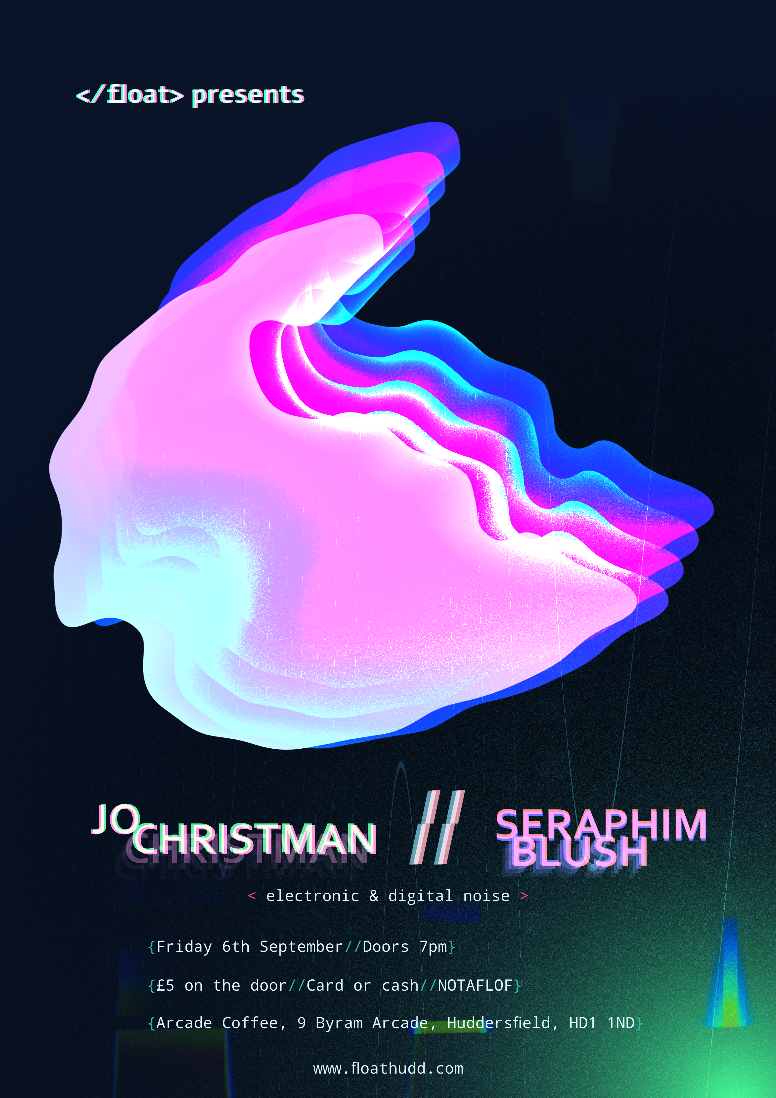 Gig poster containing the event details listed below, digital glitch aesthetic with an abstract repeated shape as the main element.